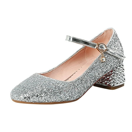 

Huesdet Girls Dress Shoes Low Heels Flower Girl Mary Jane Princess School Wedding Party Toddler Little Kid Pump Shoes(Silver 12-12.5 Years)