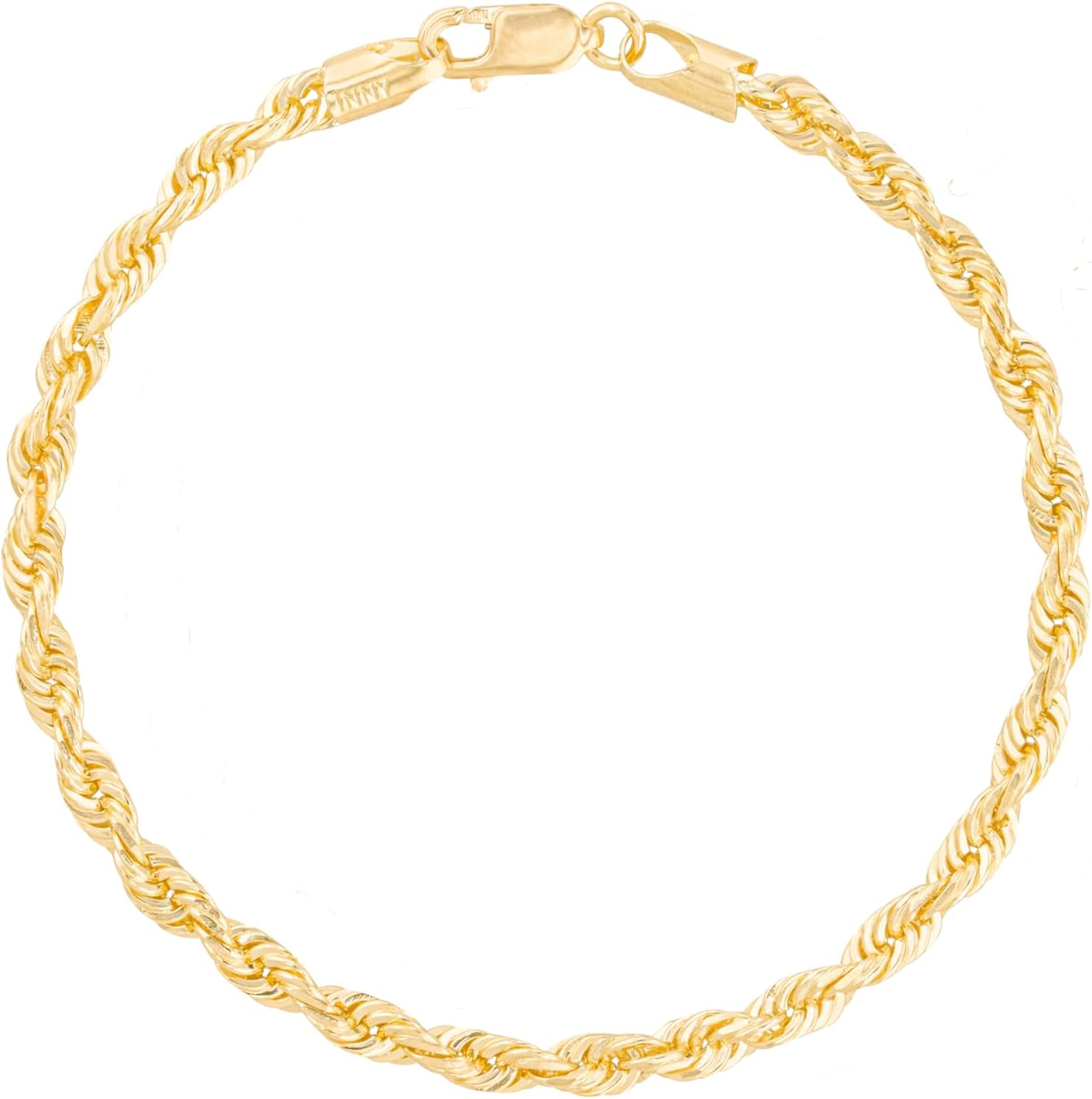 Floreo 10k Yellow Gold 3.5mm Solid Rope Chain Diamond Cut Bracelet or Anklet