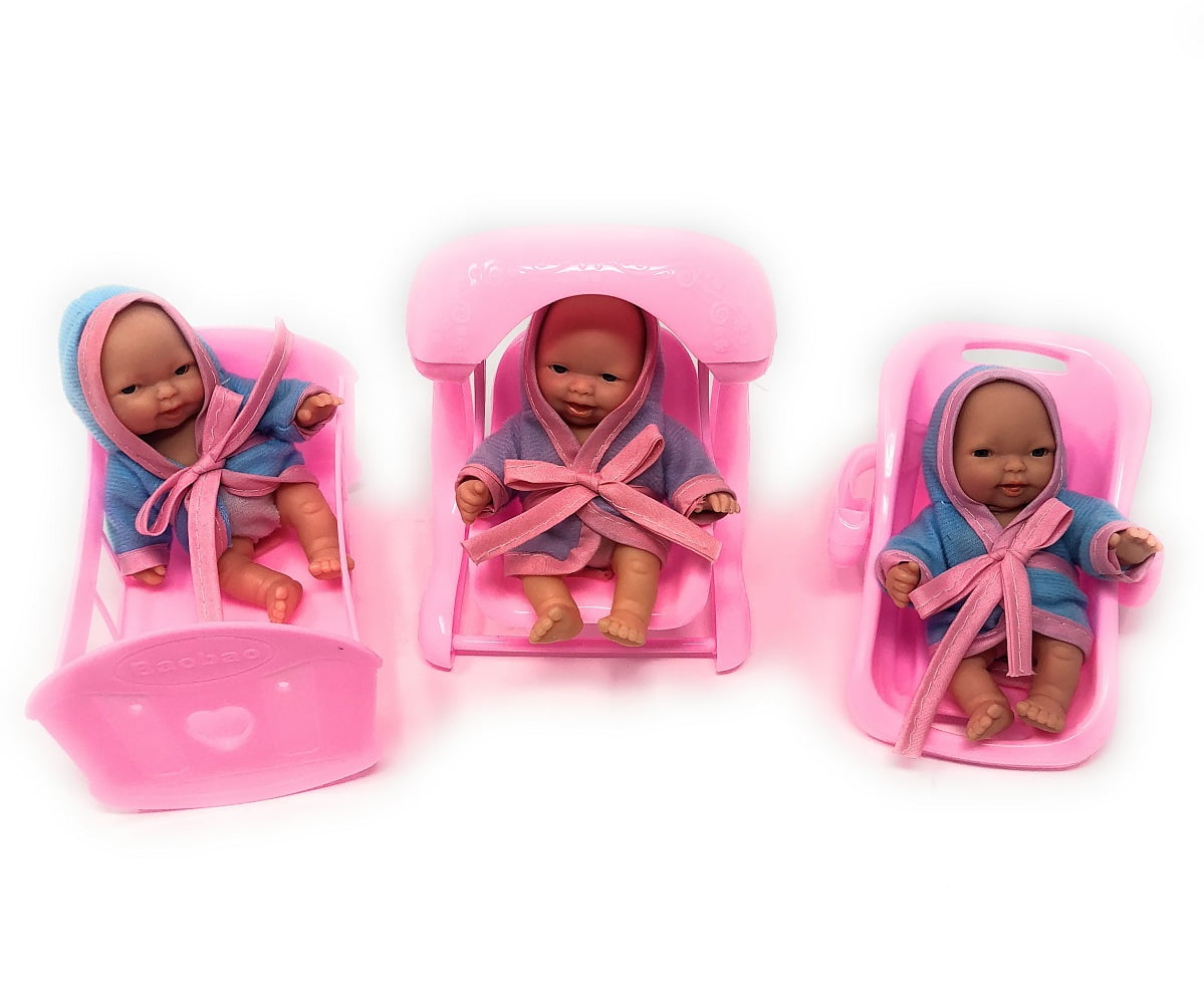 Set of 3 Mini Dolls for Girls with Cradle, Swing, Infant seat