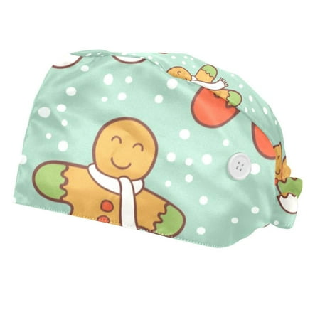 

2PCS Working Cap with Buttons and Sweatband Adjustable Tie Back Hats Bouffant Caps Christmas Scrub Turban Hat