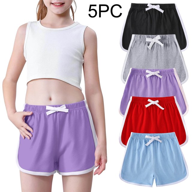 MKOSPLRT 5 Pack Workout Shorts for Toddler Girl 12M-11Y Elastic Waist Drawstring Athletic Shorts Color Block Lounge Running Shorts with Pocket