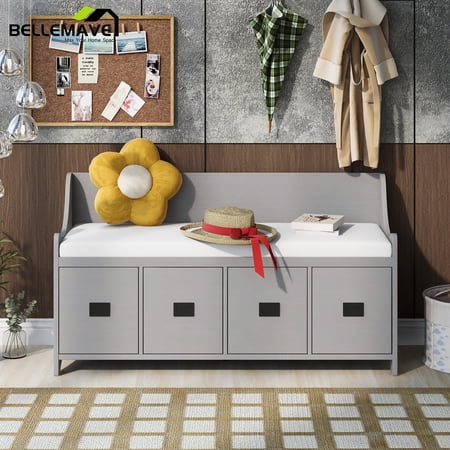 Bellemave Cushioned Gray Wash Wood Storage Bench with 4 Drawers and Backrest for Entryway and Living Room