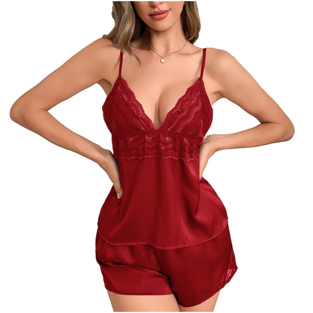 Mujeres Seda Pijamas Conjunto Pantalones Cortos Encaje Casual Recorte, Pendiente Cuello en V Hielo Seda Dos Piezas de Ropa de Dormir