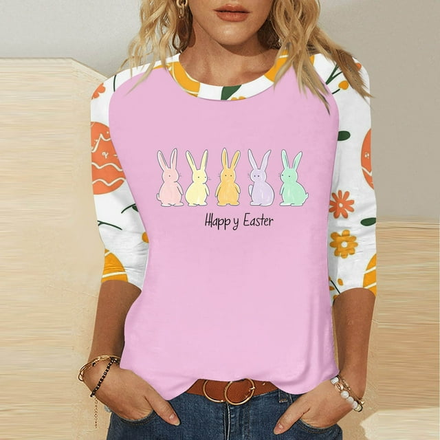 UPPADA T-Shirts de Pâques pour Femmes Bunny Rabbit T-Shirts à Imprimé d'Oeufs Manches 3/4 Col Rond T-Shirts d'Été Décontractés Mignons T-Shirts Graphiques Chandail Confortable Haut Rose Vif,TTTG
