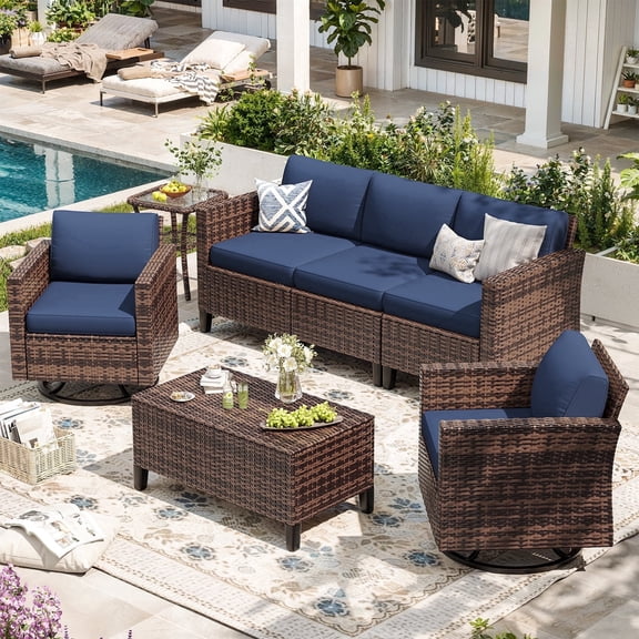 Ampatio 7 Pieces Patio Furniture Outdoor Conversation Set Rattan Wicker Outdoor Sectional Sofa with Swivel Chairs & Coffee Table, Navy Blue