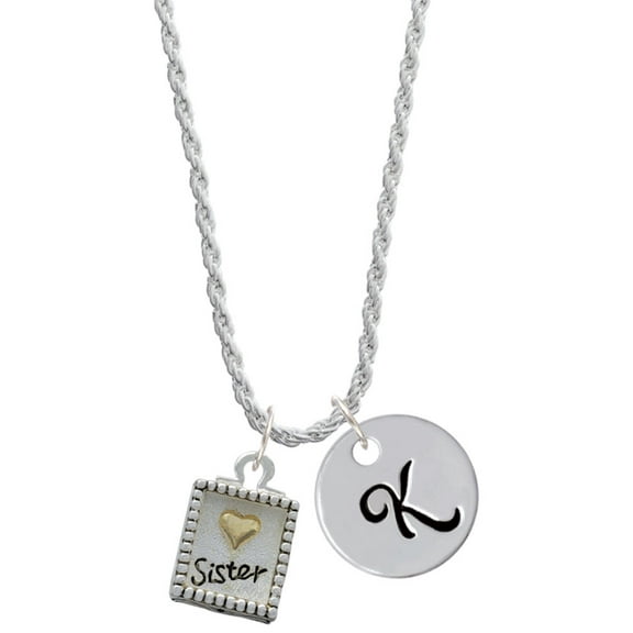 Delight Jewelry Shadow Box ''Sister'' with Goldtone Heart Silvertone Script Initial Disc - K - Charm Necklace, 20"+3"