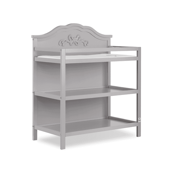 Dream On Me Jasmine Changing Table with Fixed Shelves, Platinum, 1" Mattress Pad, Safety Strap
