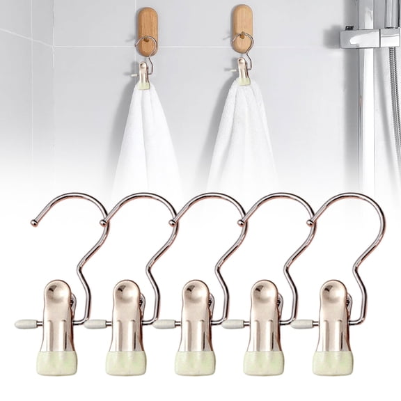 5 Pack Stainless Steel Clip Hangers 360° Rotating Hook Clothes Hanger with Clips Heavy Duty Laundry Organizer for Pants Skirts Towels Scarves Space Saving Closet Storage Hooks Beige Clips for Hanging