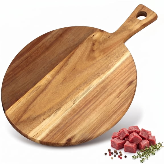 Acacia Wood Charcuterie Board, 12 Inch Round Tray with Handle, Multipurpose Acacia Wood Cutting Board for Cheese, Bread, Meat and Pizza Serving