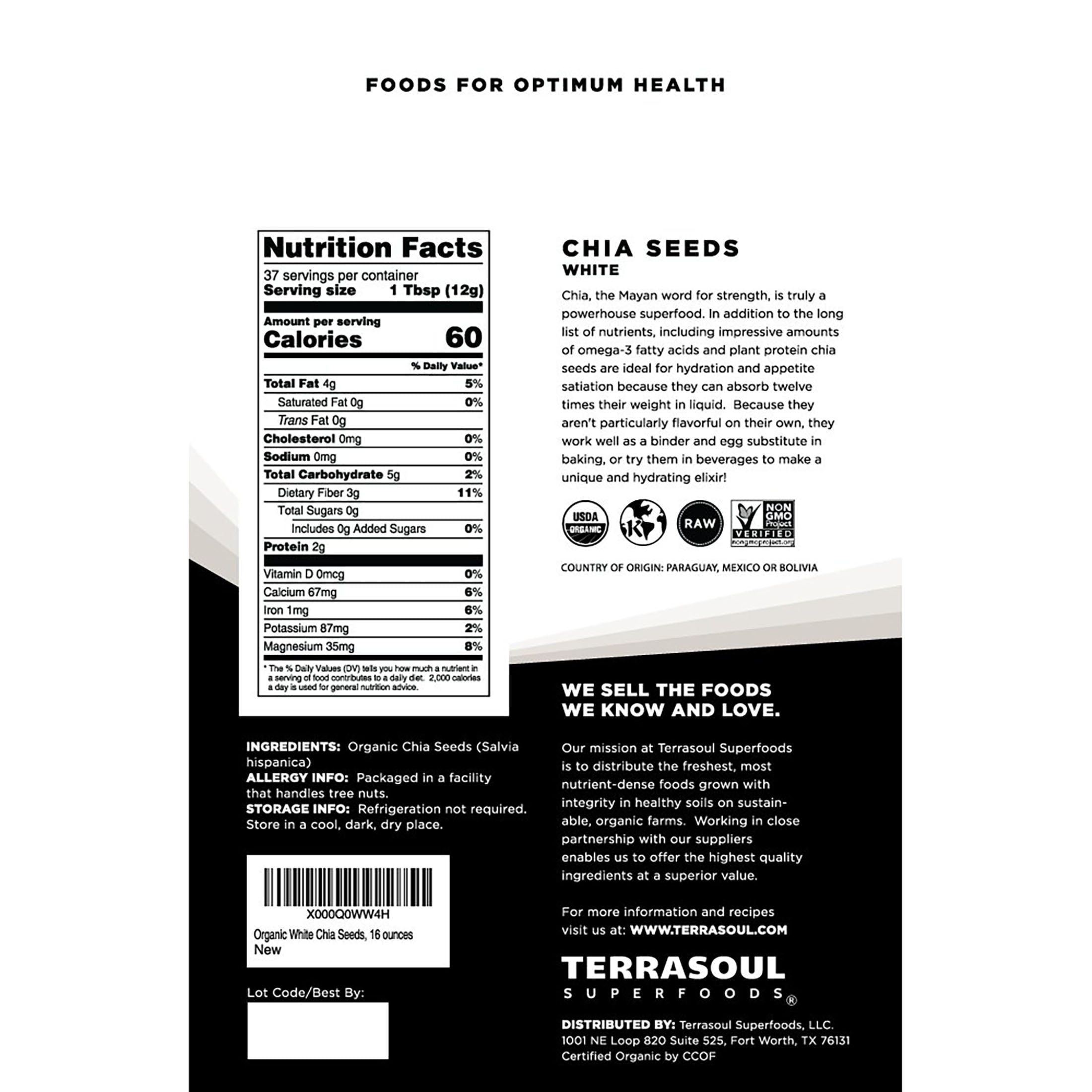 Terrasoul Superfoods Organic White Chia Seeds, 2 Lbs (1 Lb 2-Pack) - Omega Fats, Fiber, Plant Protein