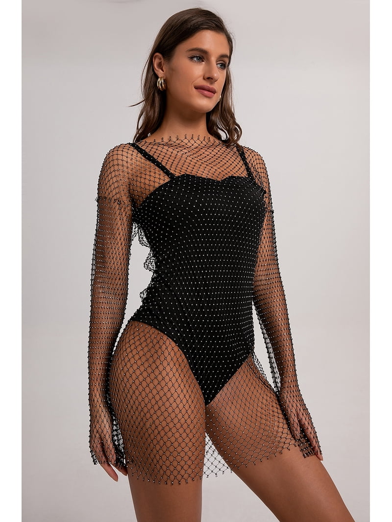 glitter fishnet dress Women Sexy Sheer Mesh Rhinestone Dresses wissi: sequin