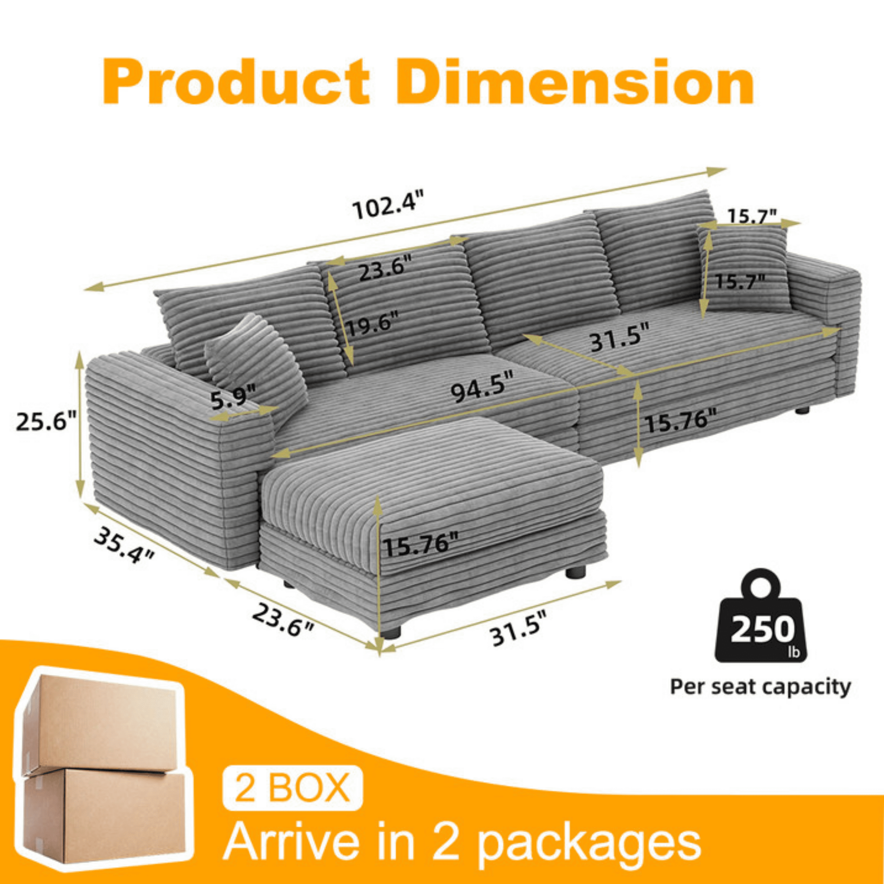 Alvantor 4-Seat Sofa with Movable Ottomans 102" W Corduroy Upholstered Deep Seat Couches L Shaped Convertible Chaise for Living Room, Apartment Grey