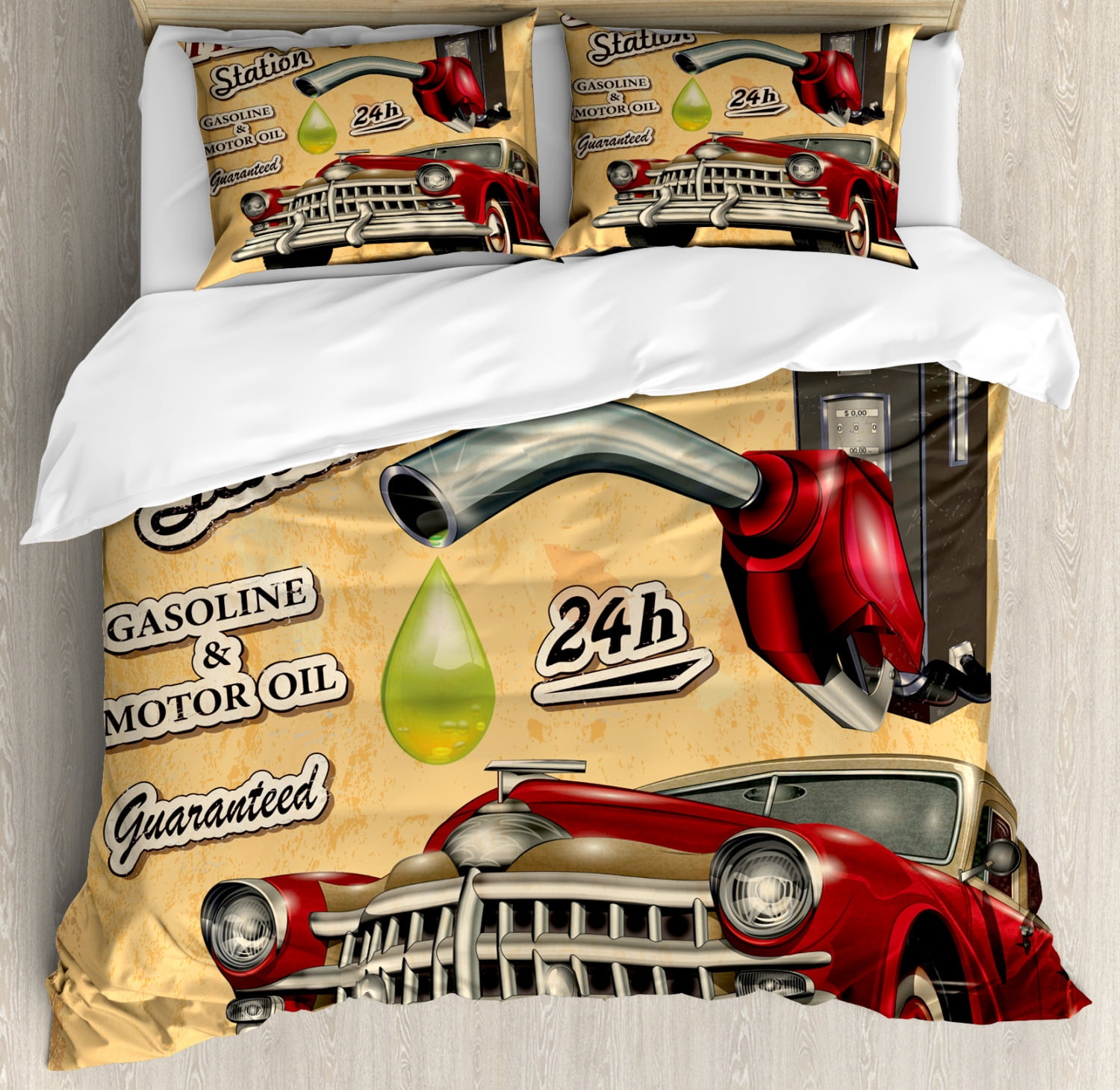 Cars Duvet Cover Set Filling Station Gasoline And Oil Drawing