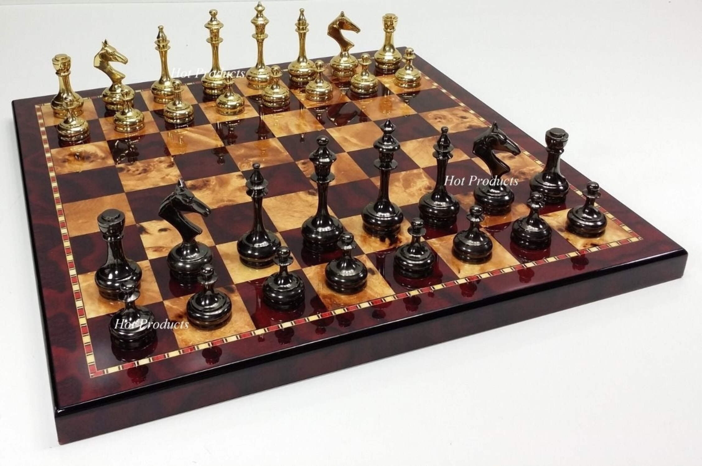 Brass Metal Gold  Black Modern Slim Staunton Chess Set 18" Cherry Color Board