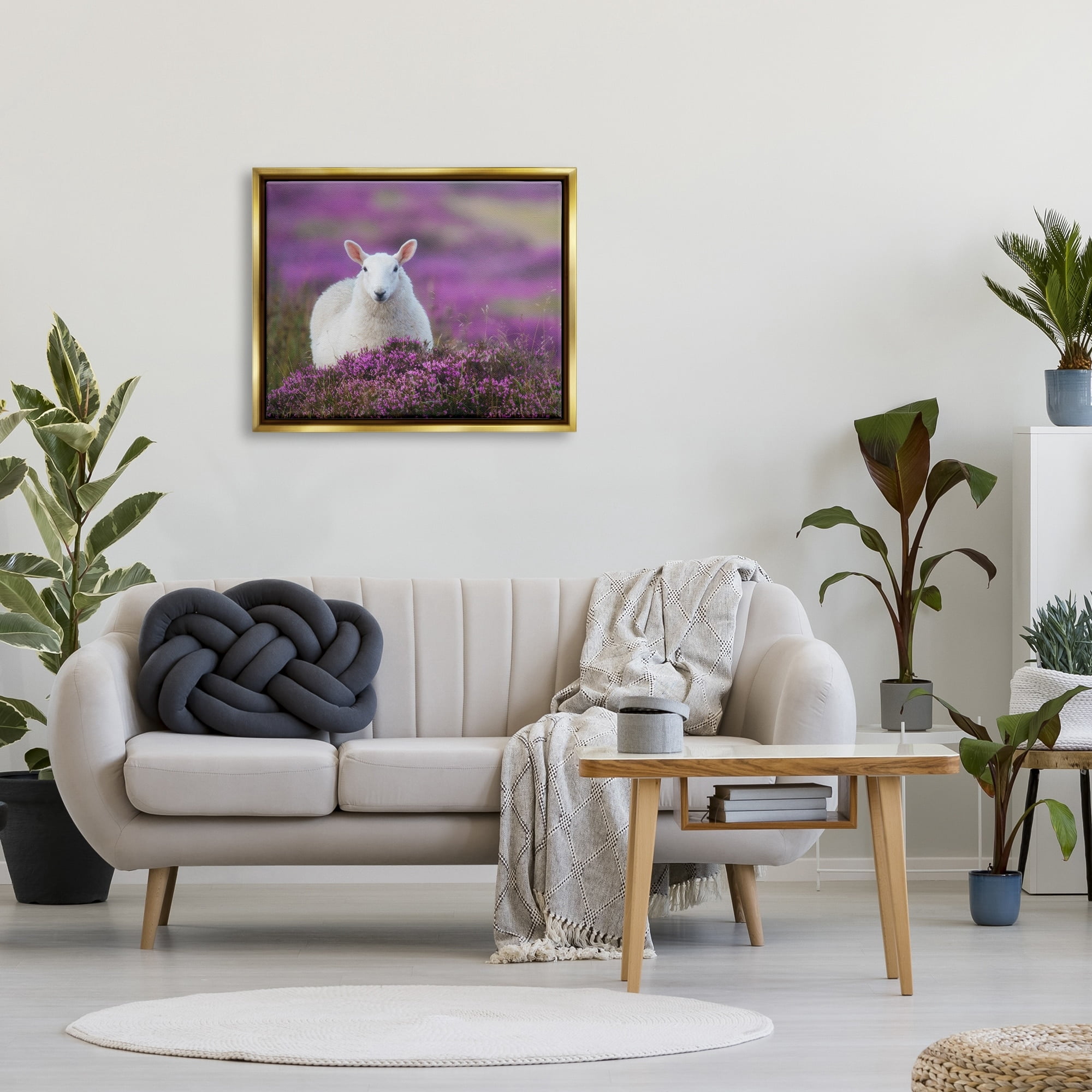 Stupell Industries Elegant White Sheep Among Purple Flower Meadow Photograph Metallic Gold Floating Framed Canvas Print Wall Art, Design by James Dobson