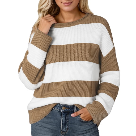 Sweater for Women Stripe Color Block Ribbed Knitted Long Sleeve Crewneck 2025 Fall Outfits Khaki