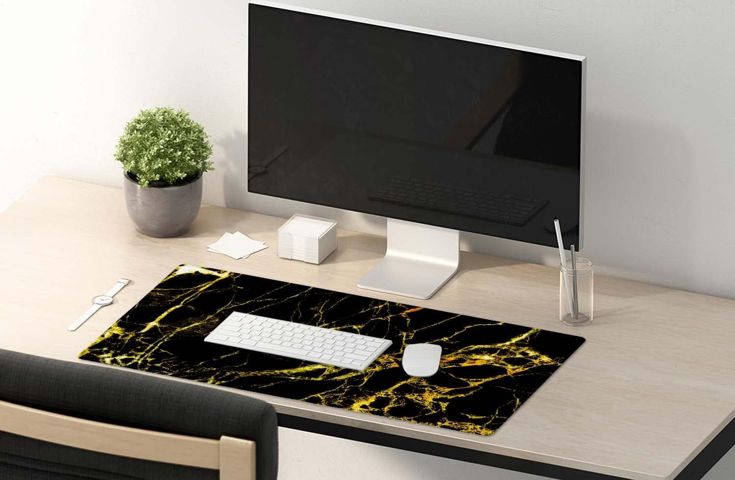 Extended Mouse Pad, XXL Gaming Mouse Pads, Large Big Mousepad Laptop Computer Keyboard Mat Desk Pad with Non-Slip Base Stitched Edge for Gaming Office, 35.5 x 15.7 inch, Gold Marble