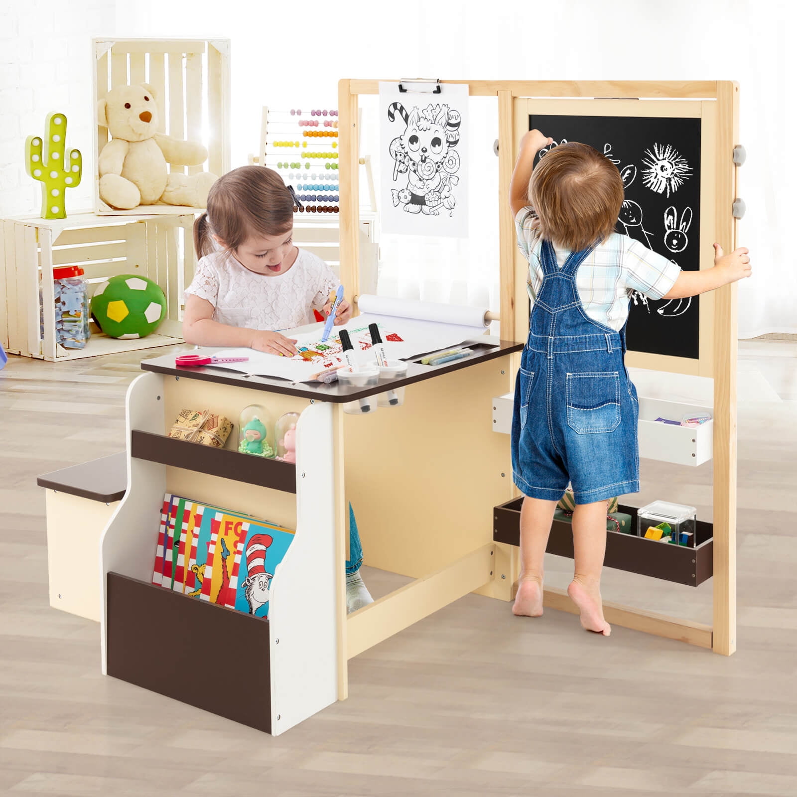Costway Kids Art Center Wooden Table Bench Set Adjustable Double Sided Easel Storage Walmart