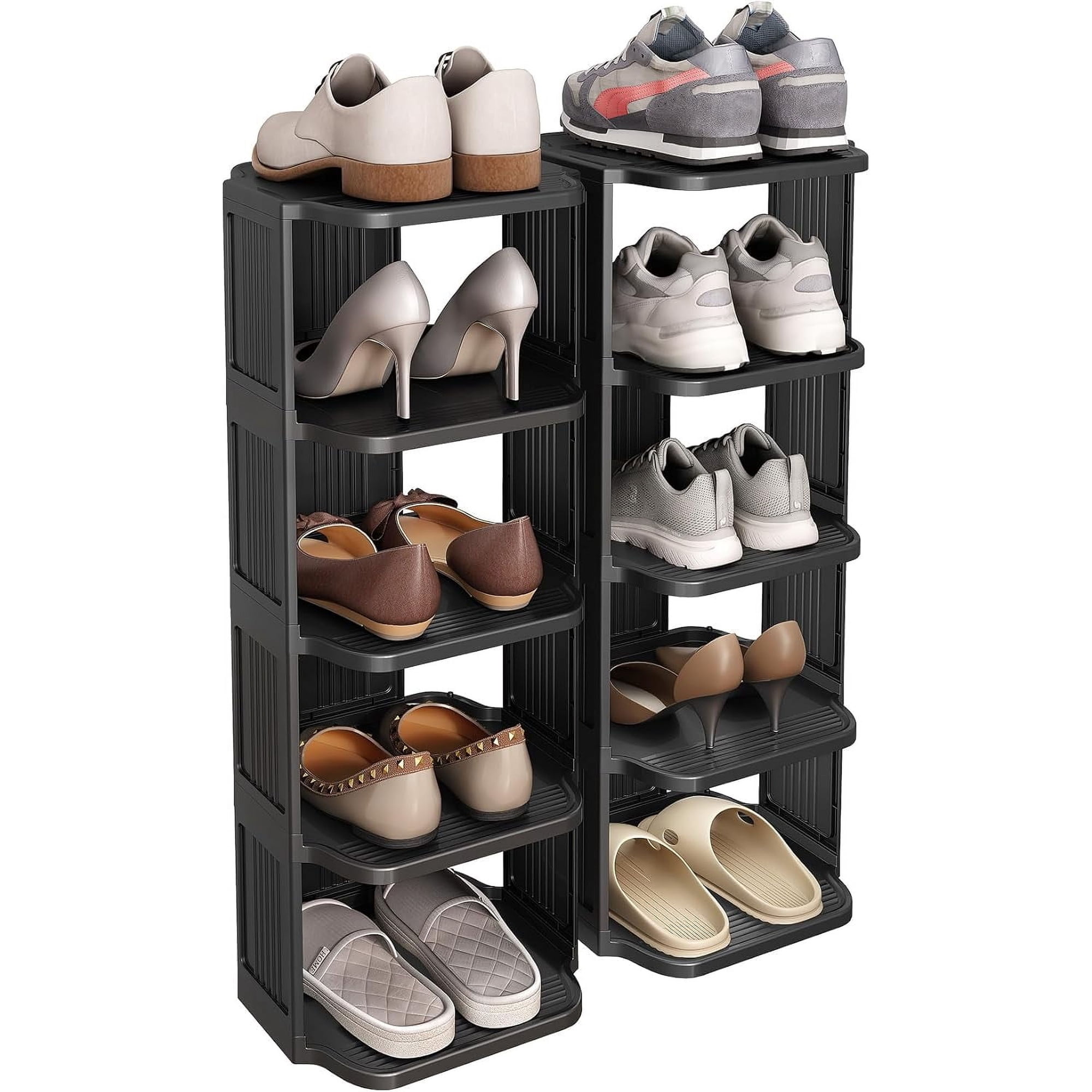 10 Tiers Stackable Shoe Rack for Closet and Front Door Entrance - Free Standing Plastic Stand Narrow Tall Vertical Organizer for Small Spaces Storage