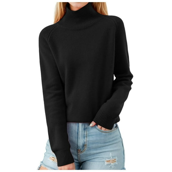 Women's Turtleneck Sweater Long Sleeve Shirts Fall Trendy Tops Slim Fitted Ribbed Knit Basic Casual Sweater Black L
