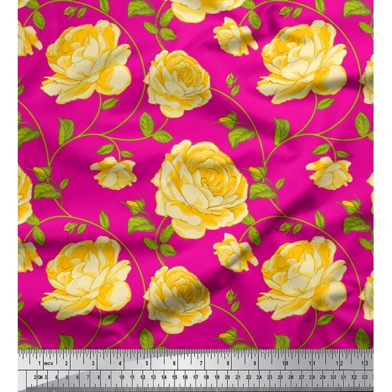 Soimoi Silk Fabric Leaves & Rose Floral Fabric Prints By Yard 42 Inch Wide