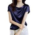 thumbnail image 2 of Women Office Lady Tops Summer Short Sleeve O-Neck Satin Blouse Shirts Basic Lady, 2 of 8
