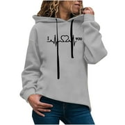 Rbaofujie Vintage Sweater Women's Hoodie Sweatshirt Pullover Long Sleeve Print Comfortable Drawstring Blouse Tops Gray Aesthetic Hoodies