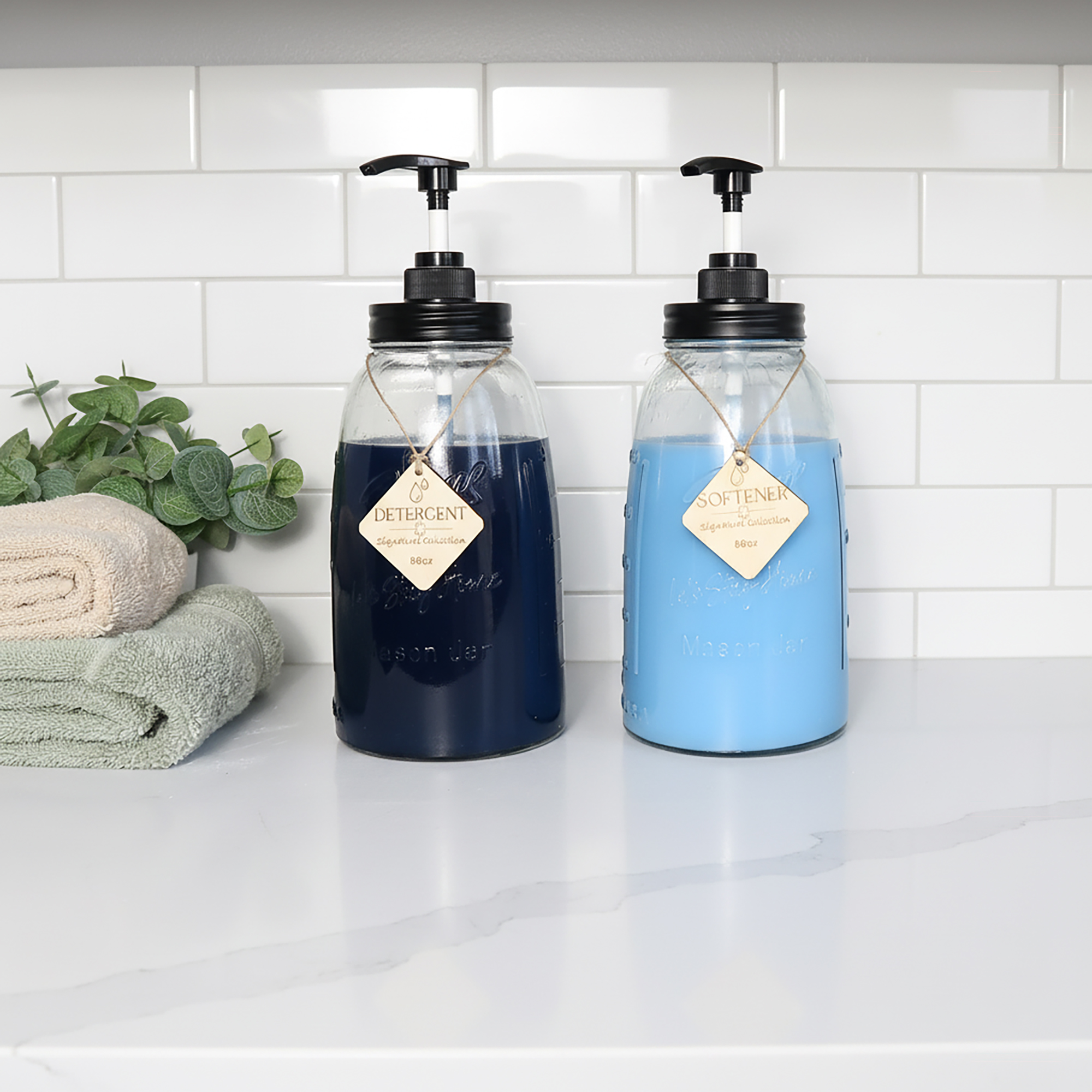 Glass Liquid Laundry Detergent Dispenser, 2x50oz Farmhouse Mason Jar Style Refillable & Reusable Laundry Bath Dish Soap Storage Containers