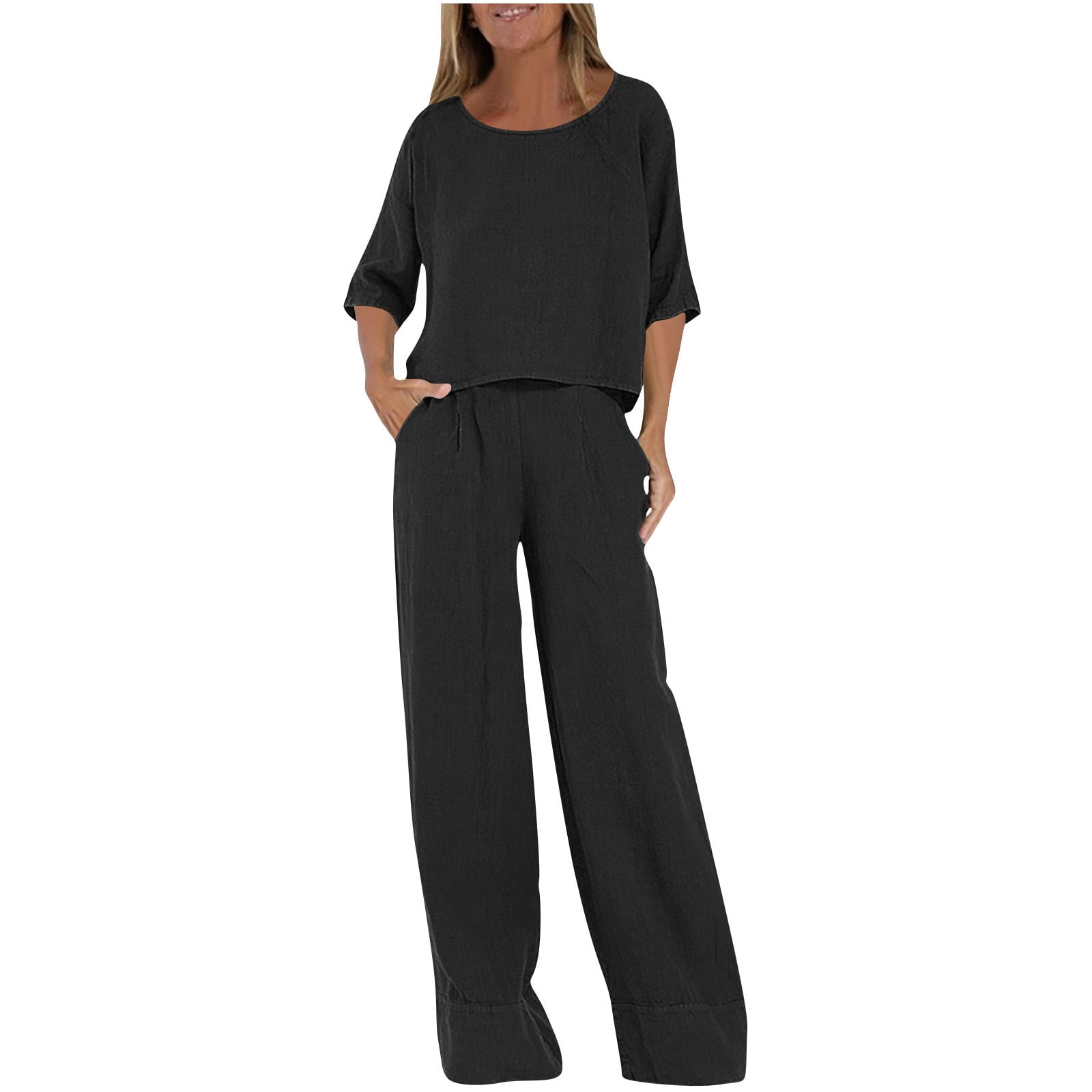 UPPADA Women's 2 Piece Outfits Long Sleeve Velvet Tops and Comfy Wide Leg Pants Two Piece Lounge Sets Tracksuits Matching Ladies Lounge Fleece Set with Pockets Black,XXXXXL