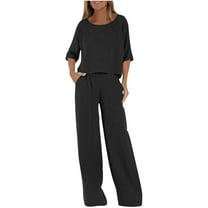 Fmbrln Womens Plus Size 2 Piece Sets Summer Casual Solid Color Crew Neck Short Sleeve Tops and Elastic Waist Pants with Pockets Sets Lounge Comfy Outfits Black XL