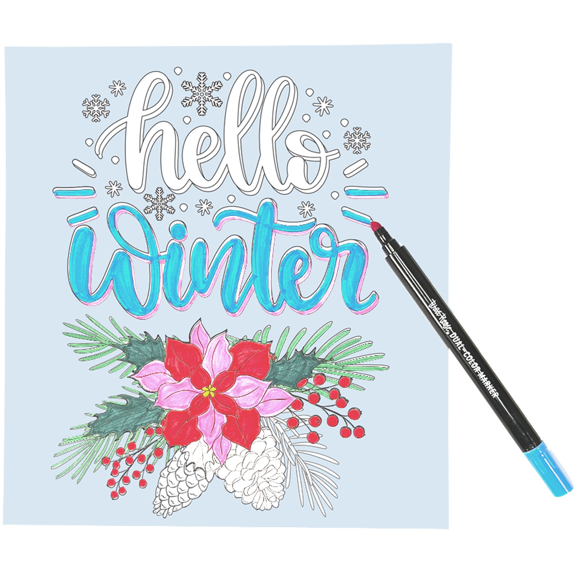 Brea Reese: Marker Coloring Kit - Cardinal - 5 Dual-Sided Markers, 12 Holiday Bird-Themed Coloring Pages, Festive Spiral-Bound Art Pad, Adult Craft