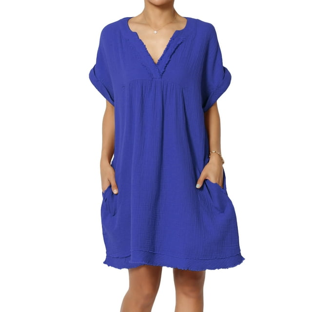Robe Mini Babydoll en Gaze de Coton à Manches Courtes Col en V Décontractée pour Femmes