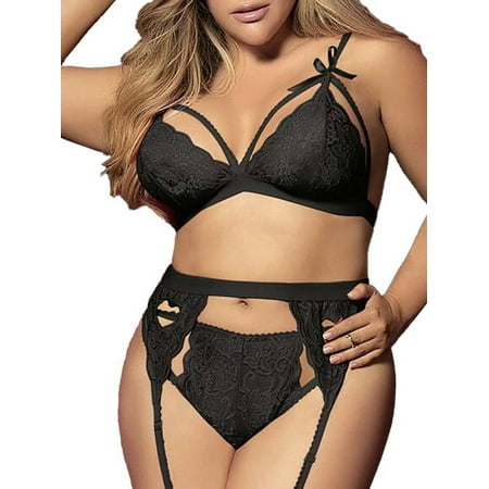 

DYMADE Women Valentine s Day Gift 3Pcs Outfits Lace Bra Garter Belt Thongs Lingerie Sets Plus Size (Not Include Stockings)