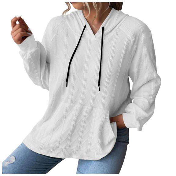 Pullover Sweaters for Women With Buttons Fall Winter Comfy V-Neck Long Sleeve Rolled Drop Shoulder Hoody Solid Color Leisure Cotton Sweatshirts Hoodies(White,XL)