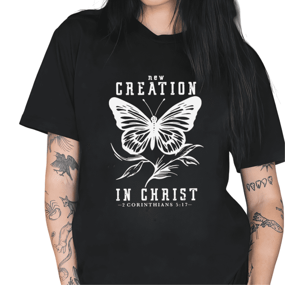 Cozymy Women's "New Creation In Christ 2 Corinthians 5:17" Butterfly Graphic Short Sleeve Crew Neck T-Shirt Cotton Top