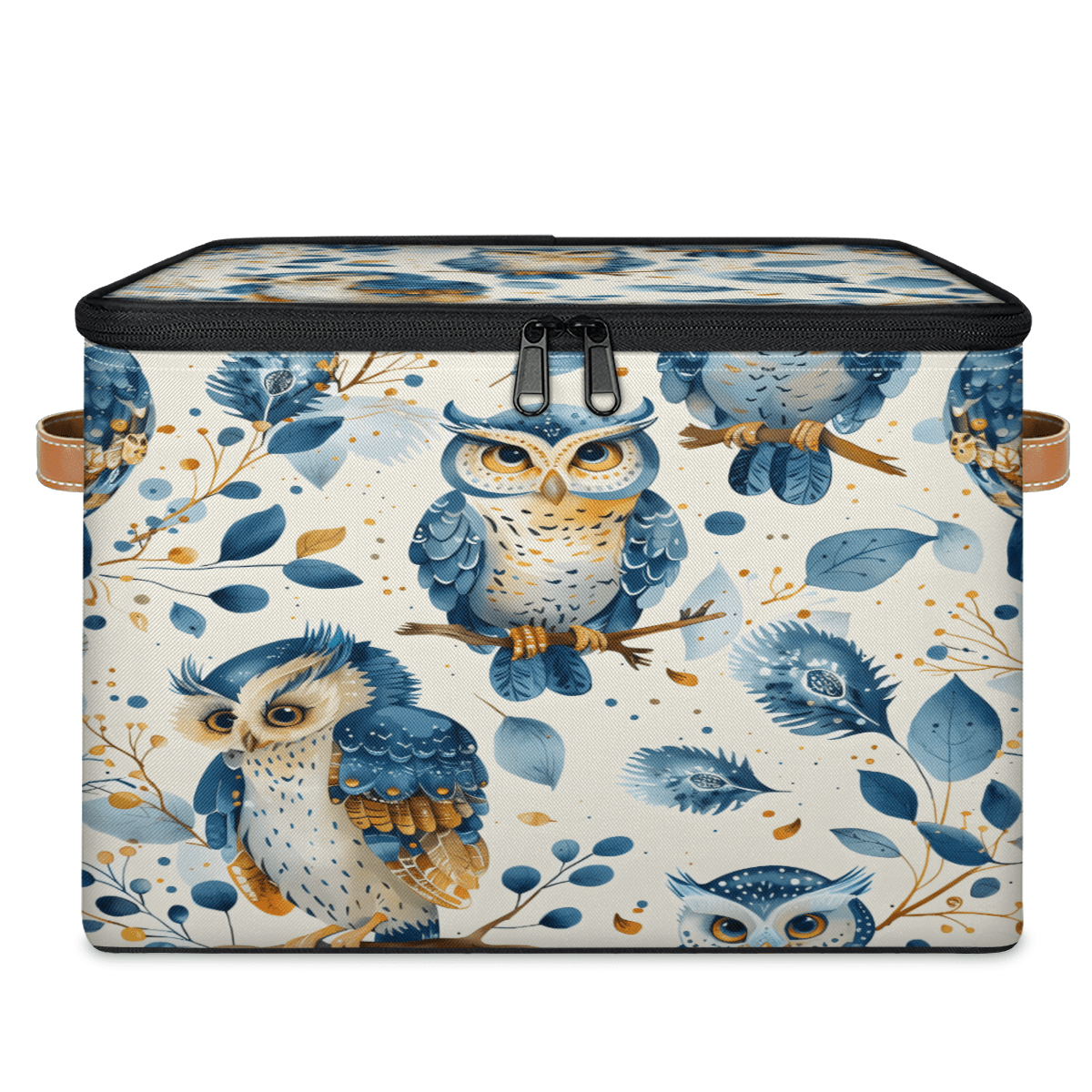 ADECORIVY Cute Owl Storage Bin with Lid Fabric Leaves Blue Foldable Storage Baskets Boxes for Clothes Shelves Closet Organizer Containers with Leather Handles for Wardrobe