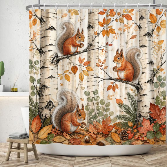 MIZHONA Fall Squirrels Shower Curtain Autumn Thanksgiving Animals Fabric Bathroom Curtains Decor with Hooks 72x72 in