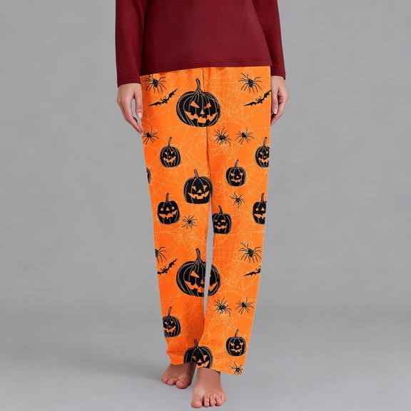 Women's Halloween Pajama Pants Elastic Waist Loose Fit Lounge Bottoms Soft Lightweight Sleepwear with Pumpkin Bat Spiderweb Print Casual Comfy PJs for Fall