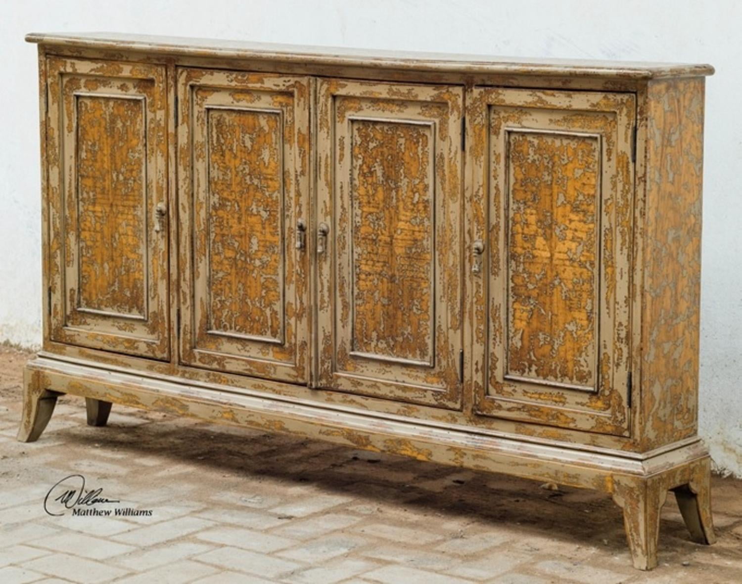 69 Distressed Oatmeal And Honey 4 Door Slim Console Cabinet