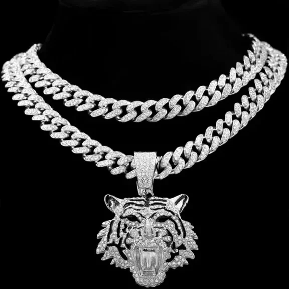 Iced Out Bling 14K White Gold Plated CZ Tiger Pendant Miami Cuban Chain Necklace