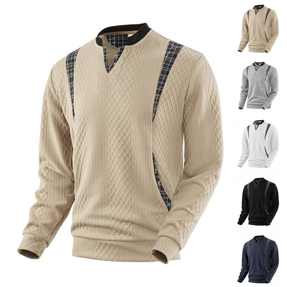 Miqool Men's Plaid Patchwork Pullover Sweater V Neck Long Sleeve Casual Winter Fall Sweater Tops Knitwear