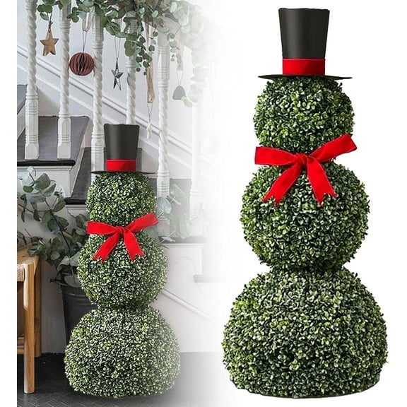 Snowman Topiary Christmas Decoration 23'' Artificial Snowman Shaped Topiary Tree with Red Bow Santa Hat Boxwood Topiaries for Christmas Indoor Outdoor Home Porch Decor