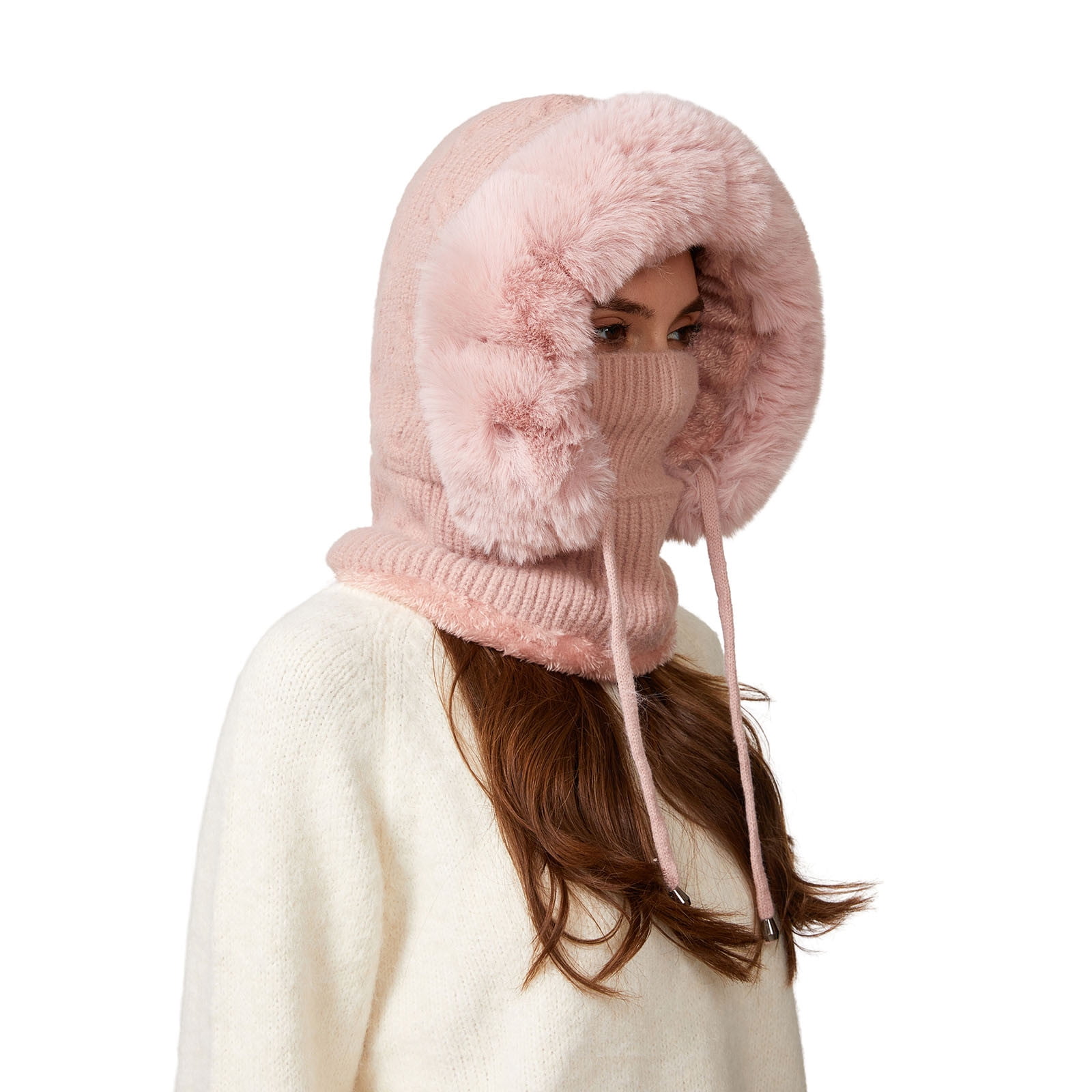 YZEGDCH Pink Women One Piece Slouchy Fleece Thicken Beanie Winter Hats Scarf Mask Drawstring Warm Hooded Winter Balaclava Pullover Knitted Winter Hat, Birthday Valentines Gift for Women