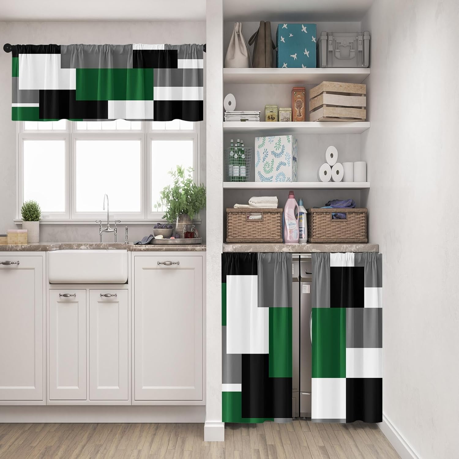 Green Geometric Kitchen Curtains Checkered Window Curtains Valance and Tier Set 36 Inch, Black Grey White Short Tier Curtain for Kitchen, Modern Abstract Small Kitchen Decor