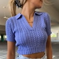 thumbnail image 3 of Mittory Women's V Neck Lapel Cable Knit Crop Tops Fashion Sexy Short Sleeve Loose Fit Tees Casual Tshirt Tops, 3 of 6