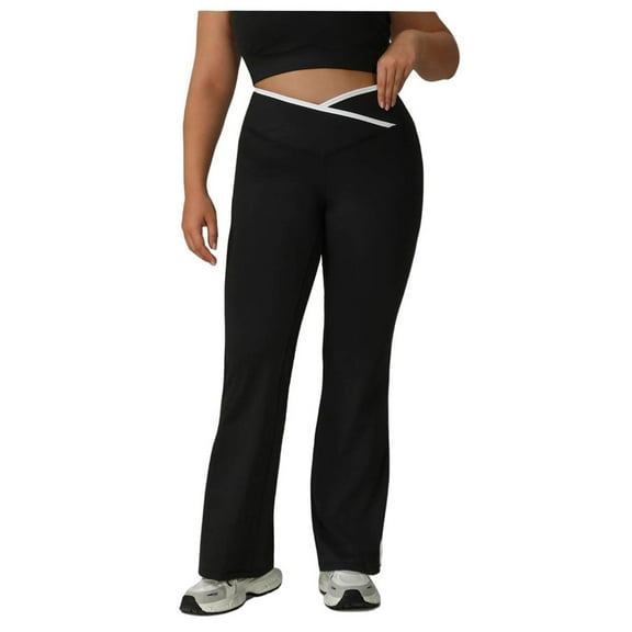 PiGOGI Women's Tight Yoga Pants with Crossed High Waist Wide Leg Flared Exercise Fitness Leggings Black XL