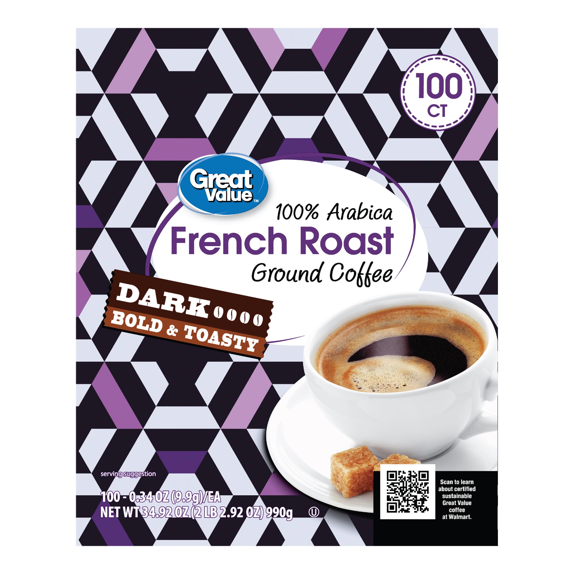 Great Value 100% Arabica French Dark Roast Ground Coffee Pods, 34.9 oz, 100 Count