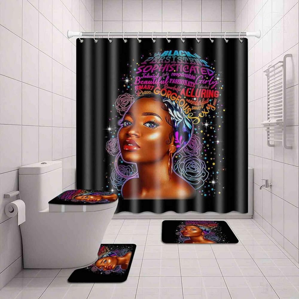 Toilet Lid Cover and Bath Mat Modern Waterproof Bathroom Shower Curtain Sets Inspirational Quotes Shower Curtain with 12 Hooks 4PCS American African Girl Shower Curtain Set with Non-Slip Rugs