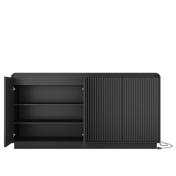 HSUNNS Sideboard Storage Cabinet with Power Outlet, 4-Door Wooden Fluted Buffet Credenza Cabinet with Adjustable Shelves, Modern Media Console Table Coffee Bar for Kitchen, Living Room, Black
