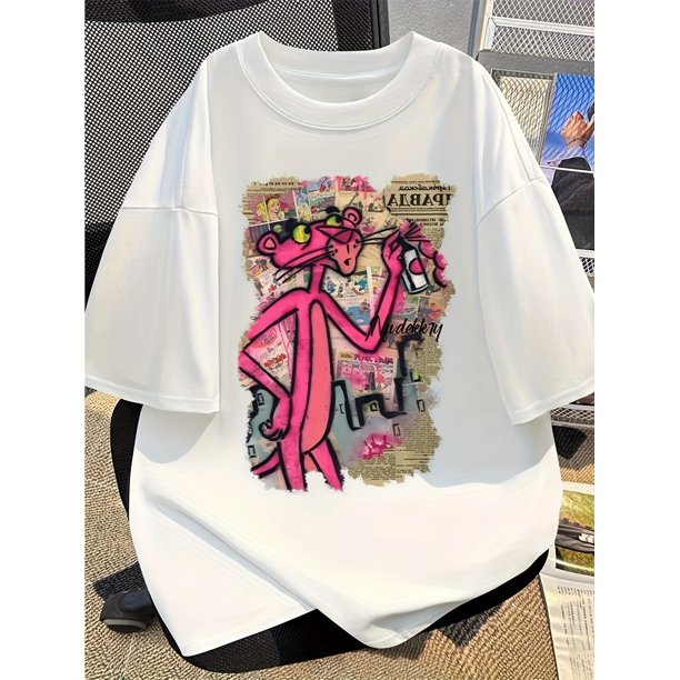 Women's Leopard Cartoon Print Short Sleeve T-Shirt - Casual Loose Fit Round Neck Top with Graffiti Art Design, Breathable Spring Summer Tee for Casual Attire & Fashion Commute, Durable Casualwear